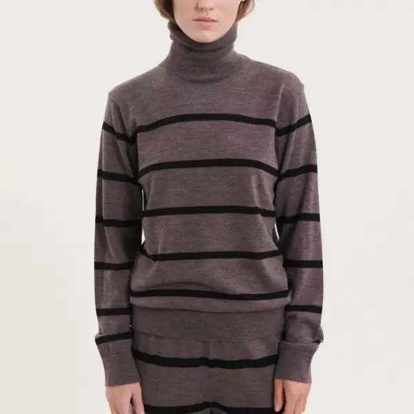 Basic Apparel - Vera Roll Neck Stripe, Brown Melange/Black