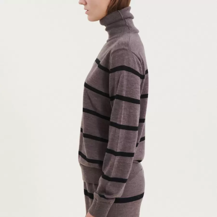 Basic Apparel - Vera Roll Neck Stripe, Brown Melange/Black