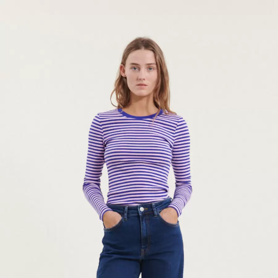 Basic Apparel - Ludmilla langærmet Tee, Clematis Blue/Sweet Lilac